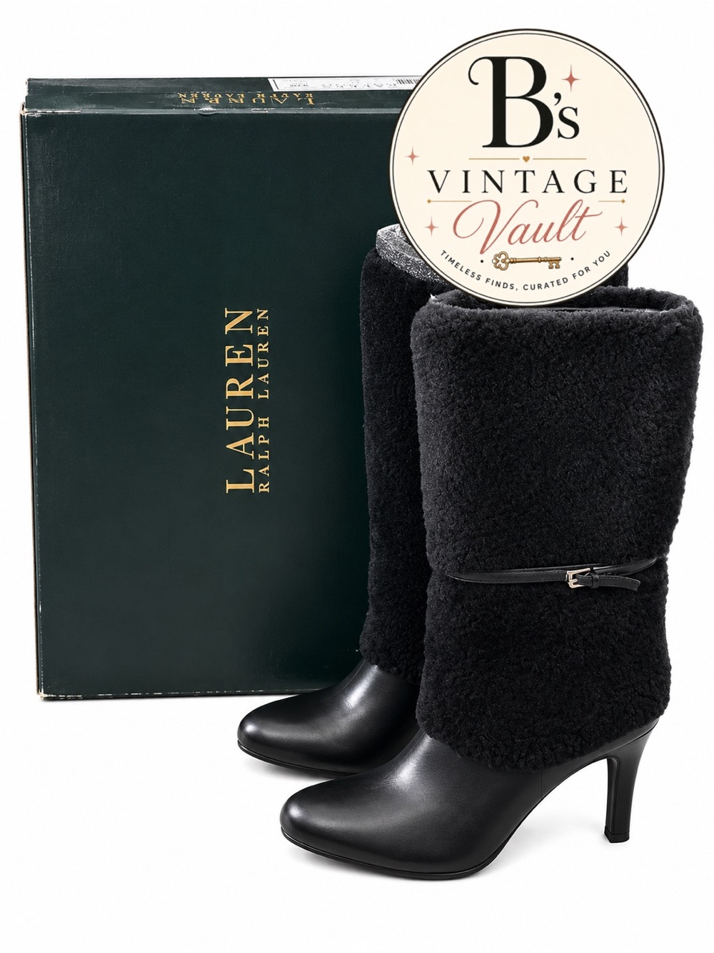 Ralph Lauren Black Leather & Shearling Mid-Calf Heeled Boots